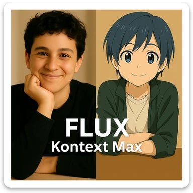 same similar image but chnage the text to "Flux Kontext Max", change people and pose too sticker