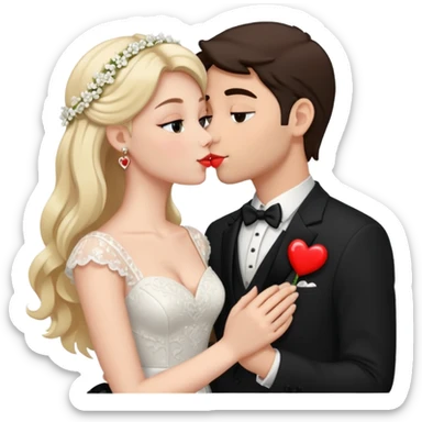 Девушка целуется с мужчиной. Они в свадебных нарядах. На фоне сердечки и кольца  sticker