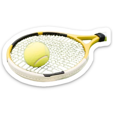 A tennis racket and ball positioned on a grass court, with the net and lines clearly visible in the background. The scene emphasizes the classic elements of the sport, capturing the energy and precision of a tennis match. sticker