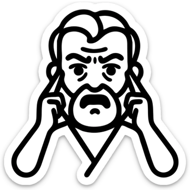 Make the agitated bearded man look older with wrinkles and gray hair. Maintain the expressive stressed face and the gesture of massaging temples with index fingers. Remove background. sticker