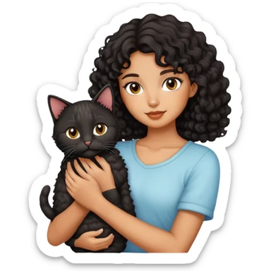 A beautiful girl with short curly black medium long hairs holding a cat sticker