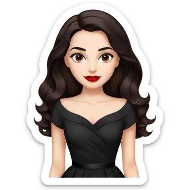 Distinguished actress with bright complexion, long dark hair with soft waves, large expressive dark eyes with classic makeup, defined brows, red lipstick, wearing elegant black dress, confident professional smile sticker