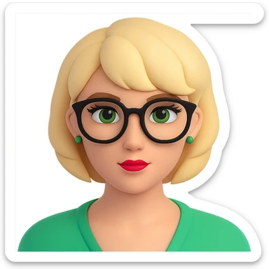 Add stylish glasses to the woman with thick blonde short hair and green eyes in a 3D emoji style. Keep the 3D emoji look consistent and remove the background. sticker