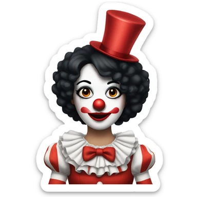 Female Clown with black hair, big red nose, and white makeup sticker