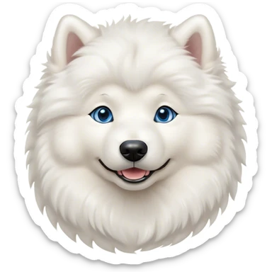 Cinematic Cute Samoyed Portrait Emoji, Head tilted playfully and inquisitively, featuring a fluffy, pristine white Fur with a natural sheen, round, sparkling blue eyes filled with curiosity, Simplified yet irresistibly adorable features, highly detailed, glowing with a warm, friendly glow, high shine, affectionate and lively, stylized with a touch of whimsy, bright and endearing, soft glowing outline, capturing the essence of a mischievous yet loving companion, so playful it feels like it could frolic out of the screen and into your arms! sticker