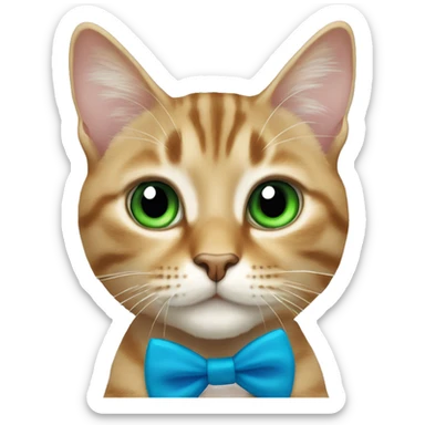 A tabby cat with green eyes and a blue bow tie  sticker