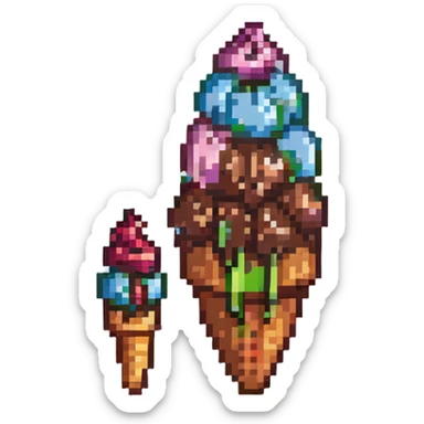 pixel art style chocolate ice cream cone, with a scoop and waffle cone, retro game look sticker
