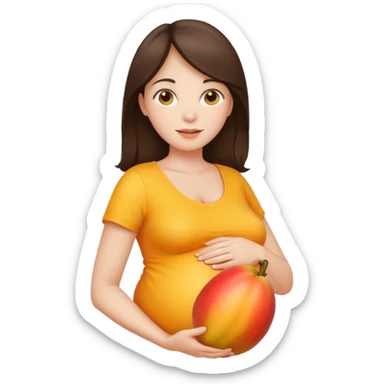 Brunette pregnant woman holding mango sticker