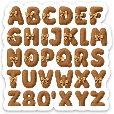 brown plush English alphabet, letters with ribbon accents, soft texture sticker