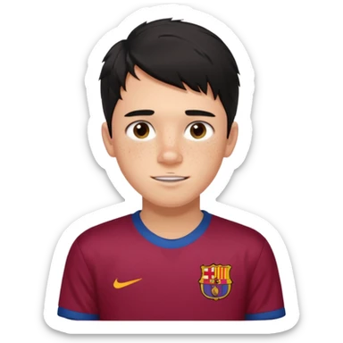 Un chico con pelo liso, desordenado y negro, tiene pecas, brackets, ojos cafés oscuros y con una camisa del Barcelona  sticker