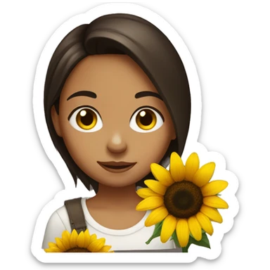 Dark brown hair, brown eyed girl holding sunflower sticker