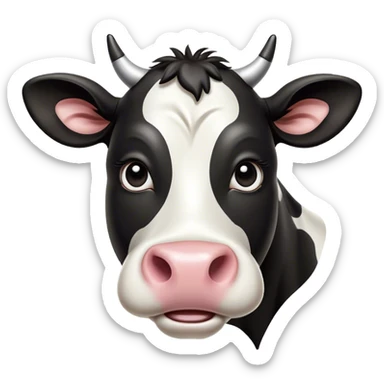 Cinematic Comical Black and White Cow Portrait Emoji, Head tilted dramatically with an exaggeratedly amused expression, featuring a striking, glossy coat of bold black and white, wide, expressive brown eyes filled with playful disbelief, Simplified yet hilariously expressive features, highly detailed, glowing with a slightly sassy glow, high shine, dramatic yet playful, stylized with an air of cheeky mischief, bright and endearing, soft glowing outline, capturing the essence of a spirited and over-the-top cow, so meme-worthy it feels like it could moo its way into internet fame instantly! sticker