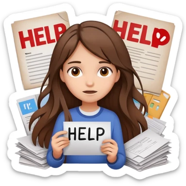 Girl with long brown hair holding a ‘help’ sign while surrounded by messy paperwork sticker