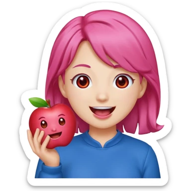 Teto Kasane emoji, apple style, pink twin-drill hair, red eyes, blue outfit, smiling with open mouth sticker