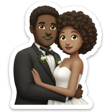 black man, brown eyes, afro hair, white woman, brown hair, dark green eyes, hugging wedding sticker