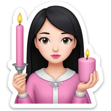 A gurl with black hair pink cloth make up holding a white candle sticker