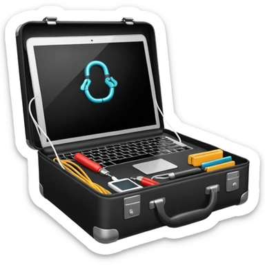 open black hacking briefcase with visible cables, laptop, and electronic tools sticker