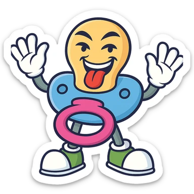 Create a 3D cartoon pacifier character inspired by the reference image, but as an adult character. The pacifier is the main body with an expressive face on the shield. Add arms and legs with gloved hands and shoes. Use a baby blue and pink color scheme. The expression should be mischievous and adult-like. Transparent background. sticker
