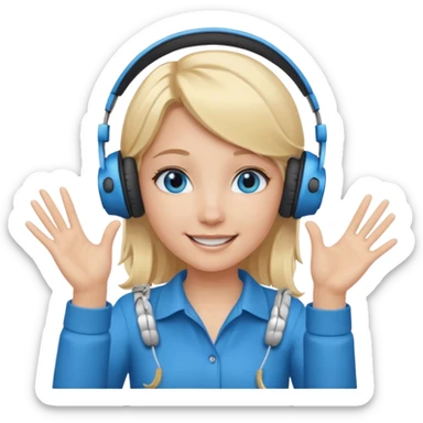 girl with blonde hair and blue eys with heands telling what, having heaphones on head sticker