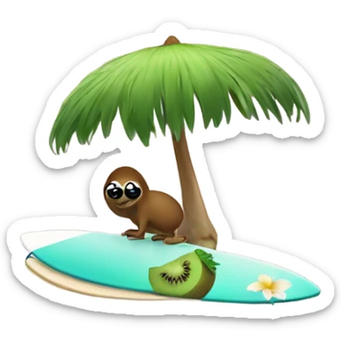 A kiwi on surfboard near an island sticker