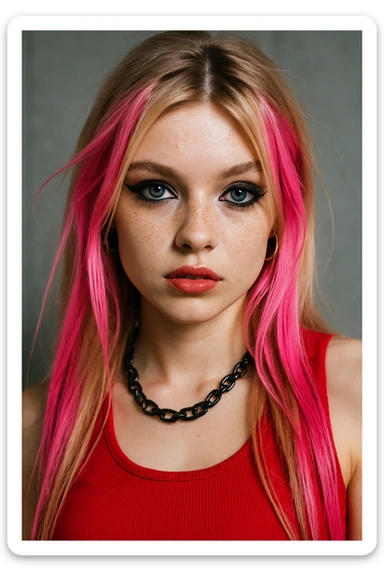 Y2K punk-inspired young blonde girl, blue eyes, long hair with pink highlights, light black eyeshadow and eyeliner, freckles, fake lashes, red top, black necklace. sticker