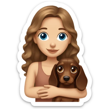 Brown long wavy hair blue eyes girl cuddling a small brown dachshund sticker