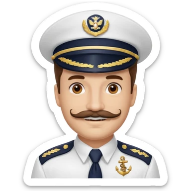 A light-skinned man with brown eyes and handlebar mustache, smiling while wearing a white captain’s hat with a navy emblem. sticker