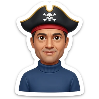 middle aged male indian primary school teacher looks like brad pitt without a moustache wearing a thick plain roller-neck jumper with a pirate headband sticker