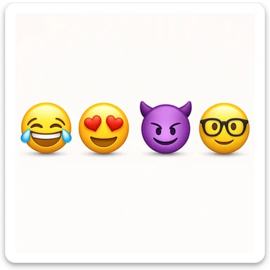 make four emojis on white background with good amount of shadow, four emojis of smiley's only. one laughing, second heart eyes, third purple devil and four black glasses emojis  sticker