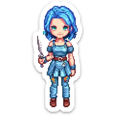 Gwen from League of Legends pixel art style, blue hair, holding scissors, simplified costume, game sprite look sticker