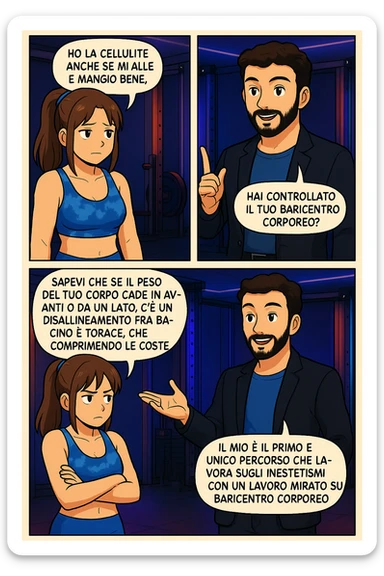 PRENDI SPUNTO DA QUESTO STILE E FAI SOLO IL PRIMO FUMETTO DETTO DA LEI, TUTTI GLI ALTRI DIALOGHI LI FA LUI:

LEI: Ho la cellulite anche se mi alleno e mangio bene, cosa posso fare?

LUI: Hai controllato il tuo baricentro corporeo?
LUI: Sapevi che se il peso del tuo corpo cade in avanti o da un lato, c’è un disallineamento fra bacino e torace, che comprimendo le coste, limita la motilità del diaframma e l’ossigenazione dei tessuti?
LUI: Il mio è il primo e unico percorso che lavora sugli inestetismi con un lavoro mirato sul baricentro corporeo. sticker