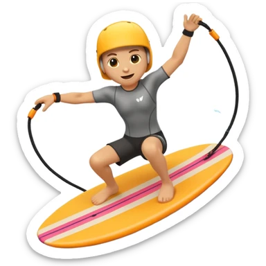 "Apple 3D emoji-style character wakeboarding mid-jump, with arms extended holding an orange rope, legs slightly bent on a yellow board. Stylized water splash behind. Emoji face, rounded body, bright and clean Apple shading." sticker