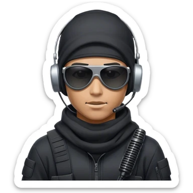 Futuristic special forces soldier wearing a white balaclava, black wraparound sunglasses, and a military headset with a microphone. Dressed in a dark hoodie. sticker