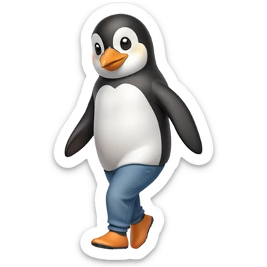 friendly anthropomorphised penguin in jeans and a t-shirt jogging upright relaxed pose no sunglasses sticker