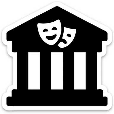 cultural building, theater facade with columns, black fill, concise silhouette, urban theme, uniform line thickness sticker