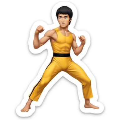 Cinematic Realistic portrait of Bruce Lee, shown as a legendary martial artist in a dynamic, powerful pose with modern athletic attire and finely detailed muscle definition, rendered in dramatic action lighting sticker