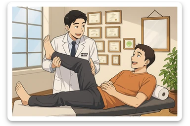su questo lettino rappresenta un webtoon manga a colori con questo stile, in cui un uomo è steso sul lettino medico e il kinesiologo con il camice bianco (fagli anche la scritta "ANTONIO ANANIA" SUL CAMICE, gli solleva una gamba per fargli il test neuromuscolare, IL KINESIOLOGO SPIEGA ALL'UOMO UNA cosa mentre gli alza la gamba. l'espressione dell'uomo è felice e soddisfatta, non fare i fumetti però, fai solo in modo che sembri stiano parlando sticker