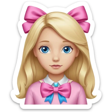 blonde girl long hair middle part, blue eyes,at with a bow sticker