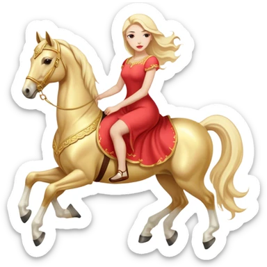 "woman, in long slim pastel red", rides "horse gold and white" sticker