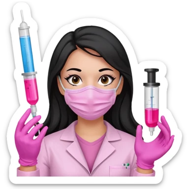 laboratorista con guantes rosa y mascarilla rosa  jeringa tubo laboratorio sin lentes  y  ojos negro cabello largo negro sticker