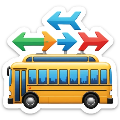 a sleek bus with three colorful arrow signs pointing to city icons, colorful Apple-style emoji look sticker