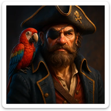 3d art of a pirate with eye patch and parrot in sticker