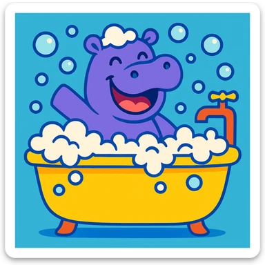 happy hippo with bubbles in bathtub sticker