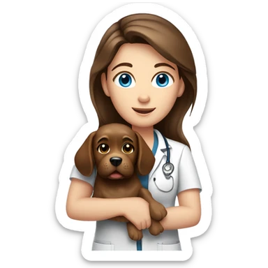 brown hair blue eyes woman veterinarian holding a dog sticker