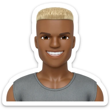 Brown skin Ken doll with buzz cut blonde short hair brown eyes slim fit with muscles, smiling sticker