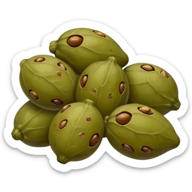 a few capers grouped together, olive green to brown, wrinkled skins, some with small stems, matte to light gloss, brined texture, no jar or garnish, soft lighting, emoji scale sticker