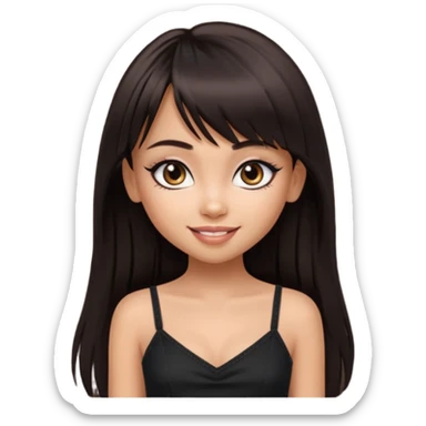 generate a pretty bratz girl in black cami top, dark brown straight long hair with bangs, eyeliner on. dark brown eyes sticker