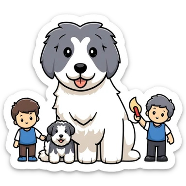 A family with mom, dad, three sons, and an Old English Sheepdog sticker
