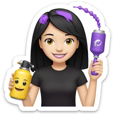 a girl with beautiful black hair, wearing a black t-shirt, smiling with yellow teeth, holding only a purple and silver spray can in her hand, genmoji emoji style, reference the attached can sticker