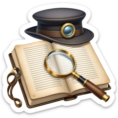 Icon for Detective Reading: an open book with a magnifying glass, a detective’s hat, and a notebook with clues, surrounded by dark shadows and mysterious elements like footprints and a smoking pipe. Transparent background. sticker